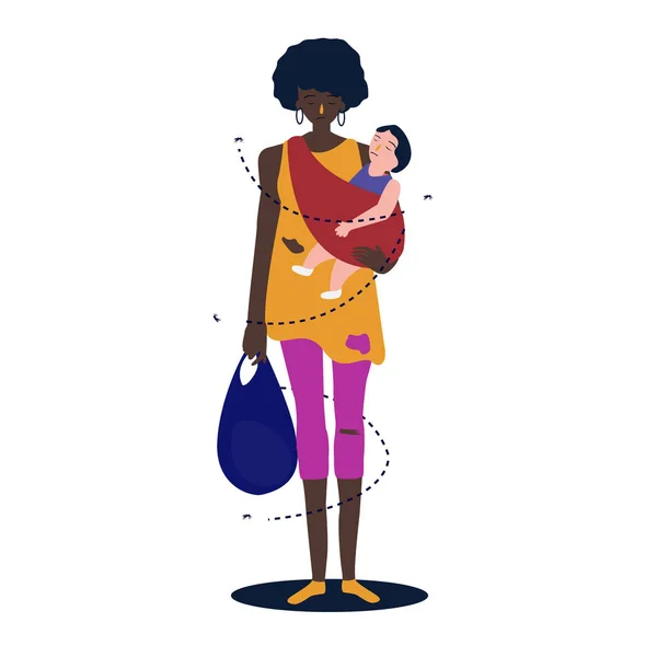 Mère africaine le bébé la serre dans ses bras pour la faire. réfugié femme debout pauvre pauvreté . — Image vectorielle