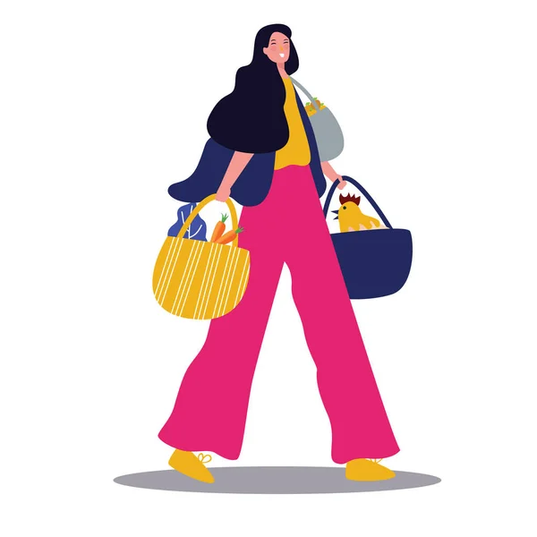 Dame avec épicerie marchant avec sac. Illustration de dessin vectoriel commercial — Image vectorielle
