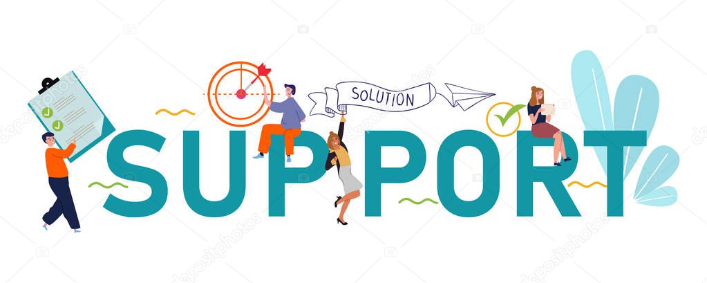 support team bring solution teamwork on client problem. Large text concept businessman illustration.