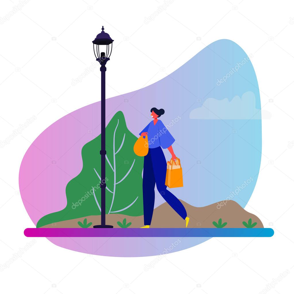 Woman female walking in the park after shopping. illustration of girl shopper
