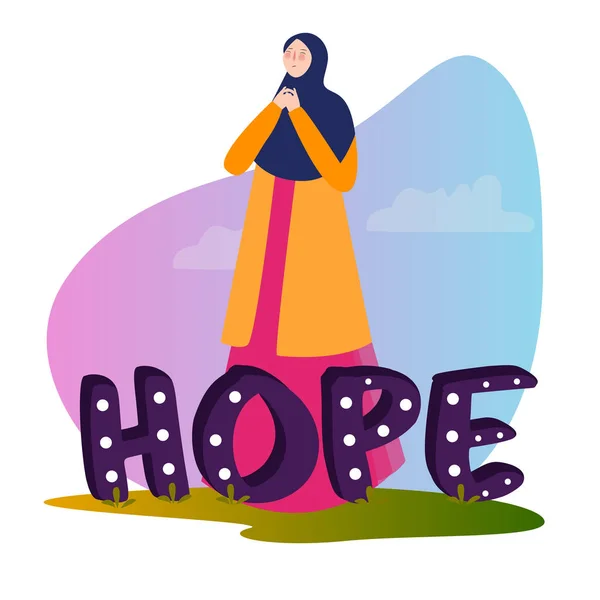 Espérance typographie motivation slogan positif avec femme fille debout prier portant hijab . — Image vectorielle