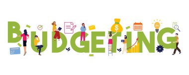 Bütçe finansmanı ve finansmanı kelime kavramlarının bütçeleilgili olarak bütçeye dahil lanması. Finansal planlama. Simgeleri ile izole harf tipografi fikir.