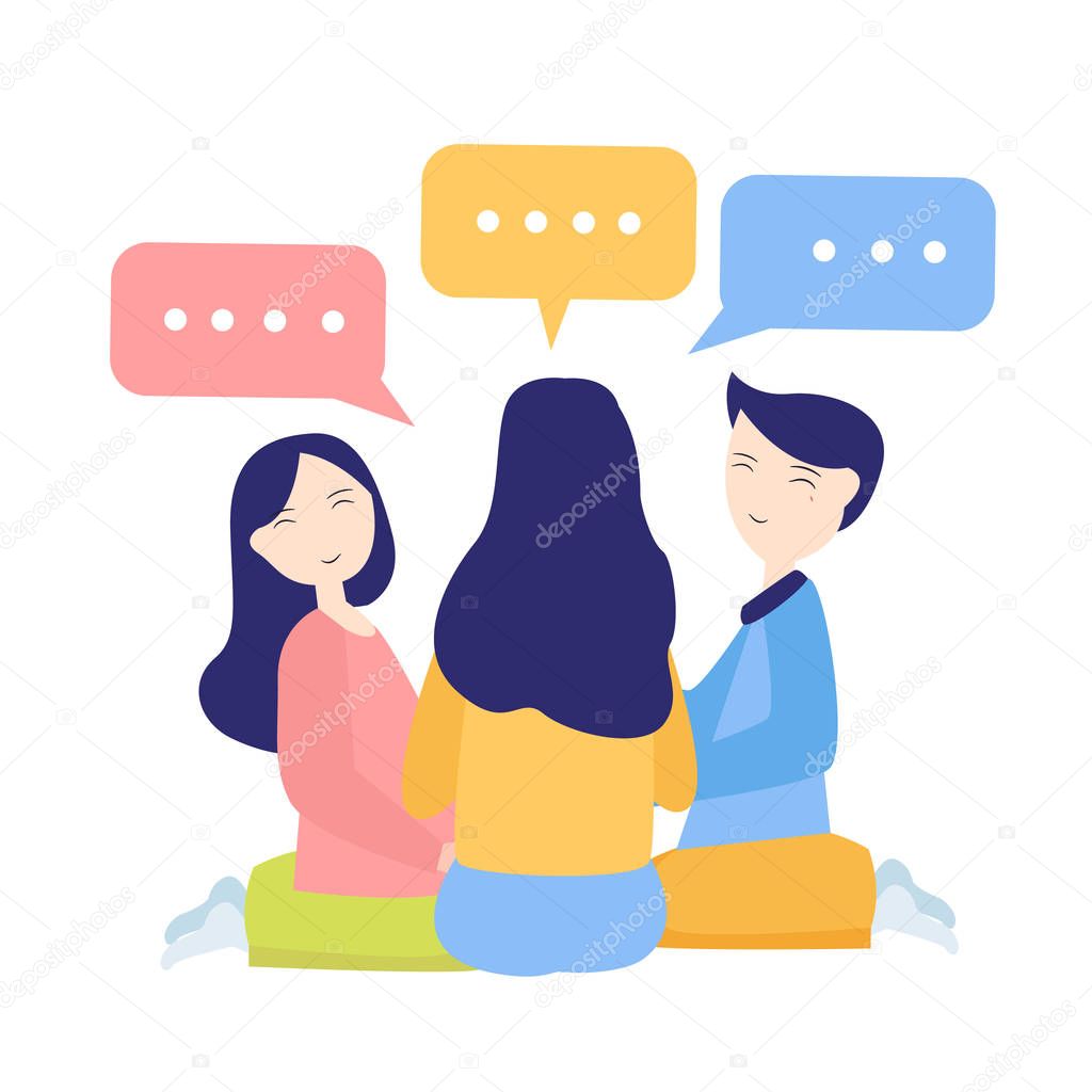 discussion between friend or coworkers speak gossip. Colleagues brainstorming having conversation together male female. speech bubble.