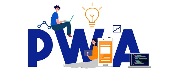 PwaプログレッシブWebアプリ、オフラインサービスワーカーキャッシュを高速ロードした最新のWebサイトアプリケーション技術 — ストックベクタ