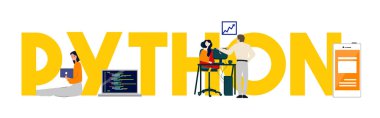 Python programming language word of software developer. Computer script team working. Vector illustration flat clipart svg vector 