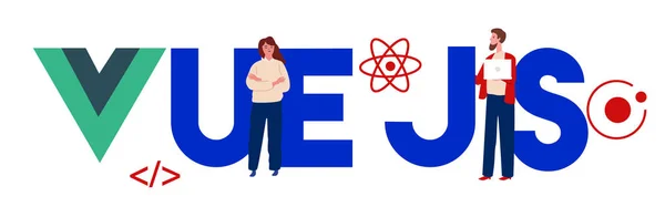 Vue.js kodlama bilgisayar Dili, Javascript, Internet bileşenleri vektör illüstrasyon.
