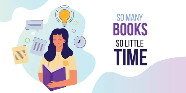 そんなに多くの本を少し時間。大きな本を手にした少女引用を読むためのインスピレーション. — ストックベクタ