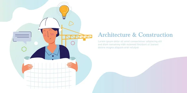 Architecture et construction. Concept d'architecte tenant papier dessin sur chantier avec casque et grue — Image vectorielle