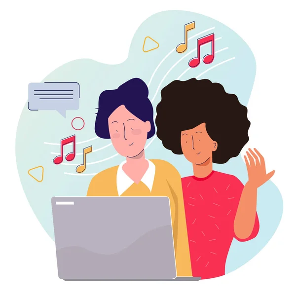 Online müzik radyosu. Erkek ve kadın dizüstü bilgisayar kullanarak müzik dinliyorlar. Rahatlamanın tadını çıkarıyorlar.. — Stok Vektör