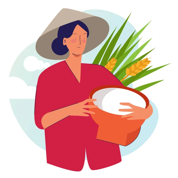 Woman farmer holding basket wearing cap in rice padi field harvesting. Traditional farming organic nature — Stock Vector