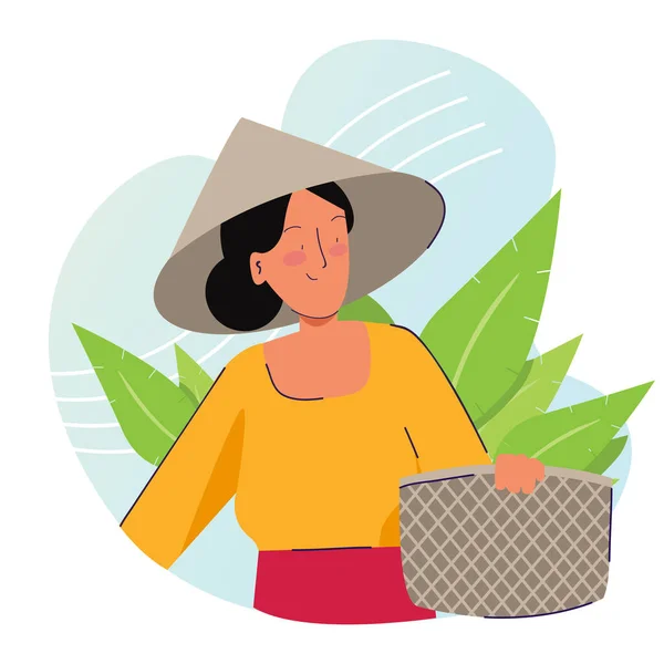 Femme agricultrice tenant un panier portant une casquette lors de la récolte de tabac ou de feuilles de thé. Agriculture traditionnelle nature biologique — Image vectorielle