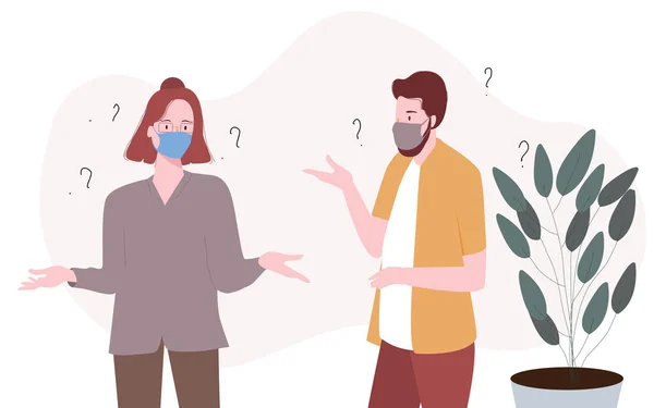 Çift, maske takan modern düz çizgi film tarzıyla vücut diliyle karışık iletişim kuruyor.
