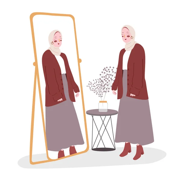 Donna in piedi guardare se stessa nello specchio moderno stile fumetto piatto . — Vettoriale Stock