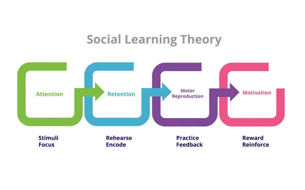 Теорія соціального навчання Бандура чотири етапи посередництва в теорії соціального навчання збереження уваги моторна репродуктивна мотивація на діаграмі плаского стилю. — стоковий вектор