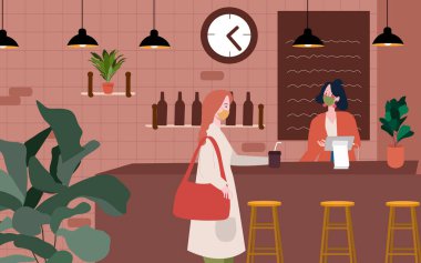 Cafe Garson 'da müşteri ziyaretçisi maske takar ve korona virüsü salgını sırasında psişik mesafeyi korur..