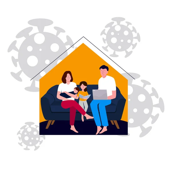 Consapevolezza della famiglia protegge contro il virus corona facendo attività all'interno della casa durante covid 19 pandemia stile fumetto piatto. — Vettoriale Stock
