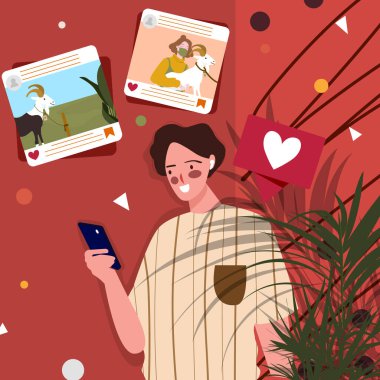 Kadın akıllı telefon kullanıyor. Sosyal medya durumu: Düz çizgi film tarzında keçi tutan arkadaşı..