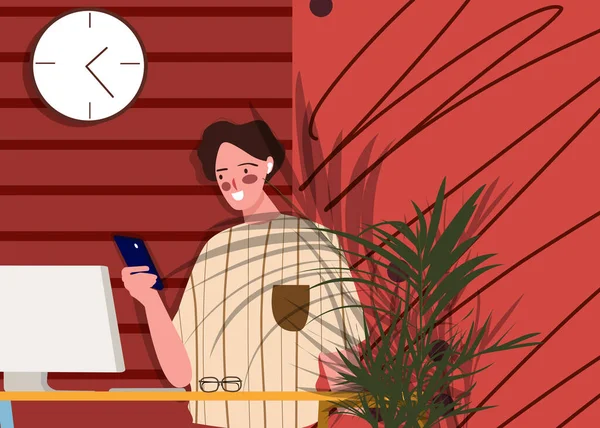 Donna sorridente che gioca smartphone nella pianta computer anteriore e orologi da parete nelle vicinanze con stile fumetto piatto . — Vettoriale Stock