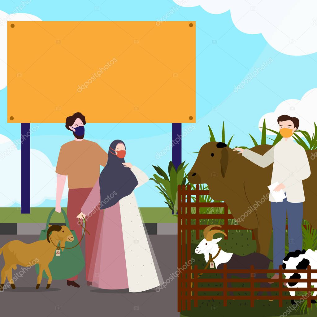 Couple male and female wearing mask buy goat for sacrifice islamic holy day of Eid al-Adha with flat cartoon style.