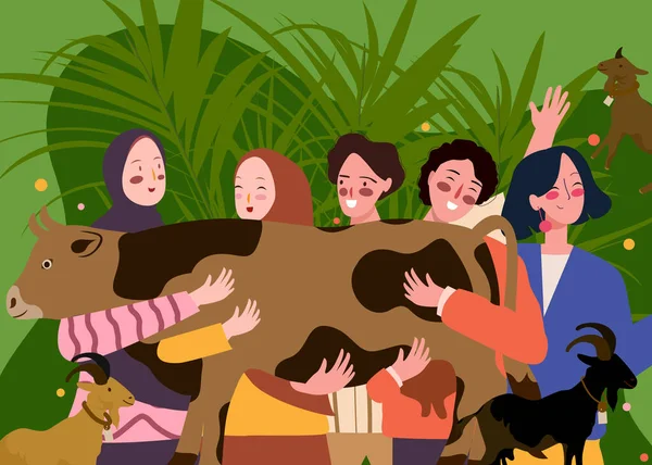 Мусульманская молодежная группа обнимает корову с любовью к жертве фонового листа козы цветочный плоский стиль мультфильма. — стоковый вектор