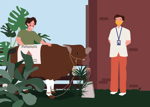 Uomo che trasporta mucca al veterinario per esame medico con stile piatto del fumetto. — Vettoriale Stock