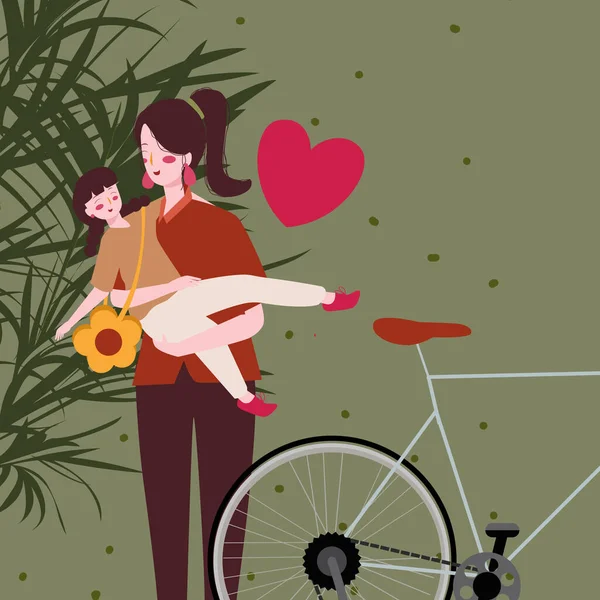 Madre portare il bambino amorevolmente vicino alla bicicletta con stile piatto cartone animato . — Vettoriale Stock