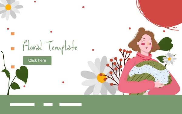 Floral belle femme étreinte oreiller globe personnage plante fleur autour campagne pour site web accueil page modèle page d'accueil bannière avec style plat. — Image vectorielle