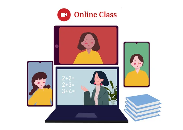 Lehrer Matheunterricht Videokonferenz auf Laptop-Smartphone mit Schüler-Online-Klassenkonzept flacher Cartoon-Stil. — Stockvektor