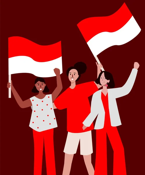 Grupa lady bardzo szczęśliwy uśmiech gospodarstwa czerwony biały flaga uroczystości indonezyjski niezależność — Wektor stockowy