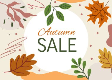 Sonbahar indirimi için pankart. Renkli mevsim sonbahar yaprakları. Düz stil indirimli alışveriş indirimi için..