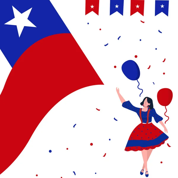 Las mujeres bailan usan ropa tradicional celebran el día de la independencia del chile cerca de la nación de la bandera grande con estilo de dibujos animados planos. — Vector de stock