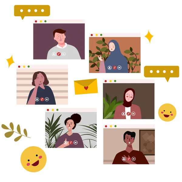 Ideo appeler les gens jeu de caractères collection hommes femmes sur écran de smartphone d'affichage avec style de dessin animé plat — Image vectorielle