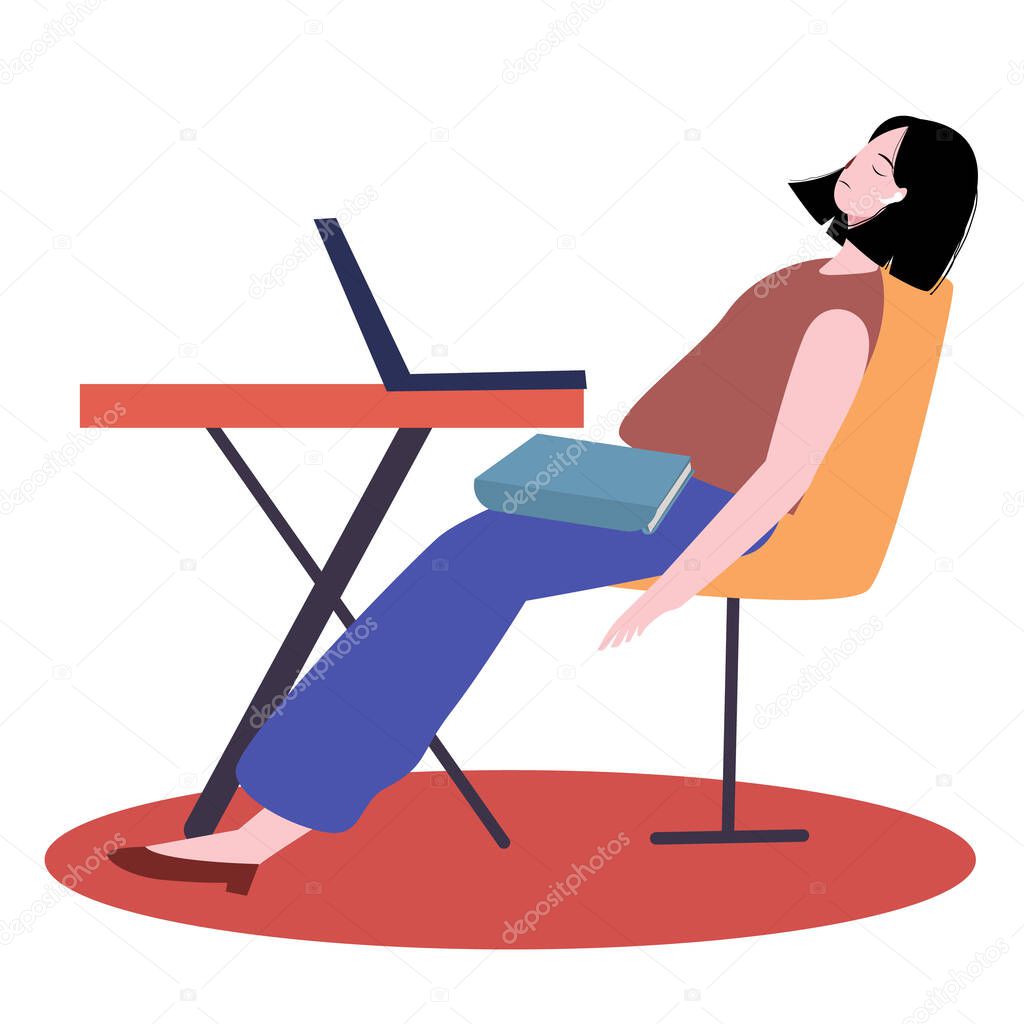 Women sleepy while working in workplace white isolated background with flat cartoon style