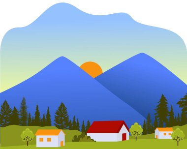 Güneş, dağ evleri arasında köy manzarası sabah arka planında düz çizgi film tarzında yeşil çayır ağacı.