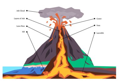 Bir volkan enine diyagramının eğitici çizimi krater baca lav akışı ve kül bulutu jeolojisi gibi farklı bölümleri etiketler.