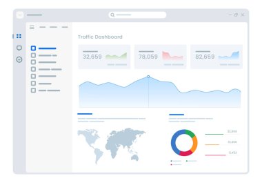 Temiz ışık temalı dijital gösterge paneli veri analizi grafikler ve dünya haritası performans ölçüm ölçümleri içeren iş zekası modern arayüzde trafik istatistikleri raporlar