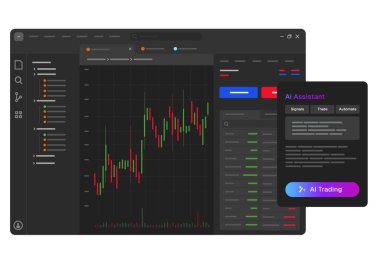 AI assistant in trading and finance software user interface showing stock market data artificial intelligence analyzing market trends generate trading signals automating trade transaction