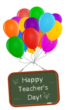 Mutlu öğretmenin gün!. Yeşil okul yönetimi ile balonları tarafından harekete geçirilen bir yazıt. Beyaz arka plan üzerinde izole. Vektör