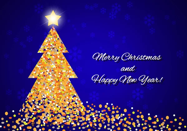 雪の結晶と碑文と青色の背景に光る星と紙吹雪の抽象的な冬ツリー メリー クリスマスと新年あけましておめでとうございます — ストックベクタ