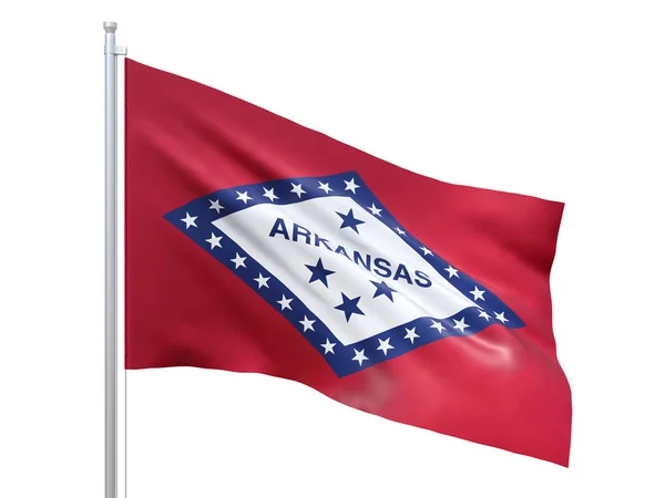 Arkansas (Amerikaanse staat) vlag zwaaiende op witte achtergrond, close-up, geïsoleerd. 3D renderen — Stockfoto