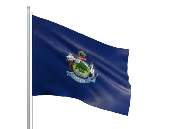 Bandiera del Maine (stato degli Stati Uniti) sventola su sfondo bianco, da vicino, isolato. Rendering 3D — Foto Stock