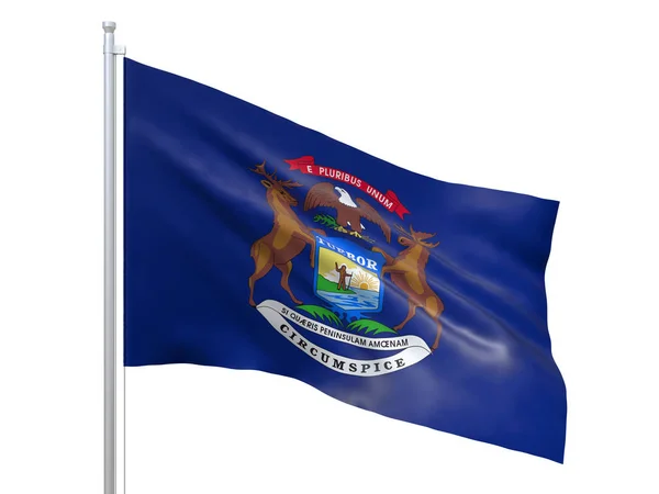 密歇根州（美国州）国旗在白色背景上挥舞，特写，孤立。3d 渲染 — 图库照片