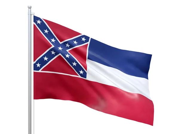 Mississippi (Amerikaanse staat) vlag zwaaiende op witte achtergrond, close-up, geïsoleerd. 3D renderen — Stockfoto