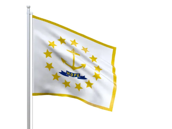 Bandera de Rhode Island (estado de Estados Unidos) ondeando sobre fondo blanco, de cerca, aislada. Renderizado 3D —  Fotos de Stock