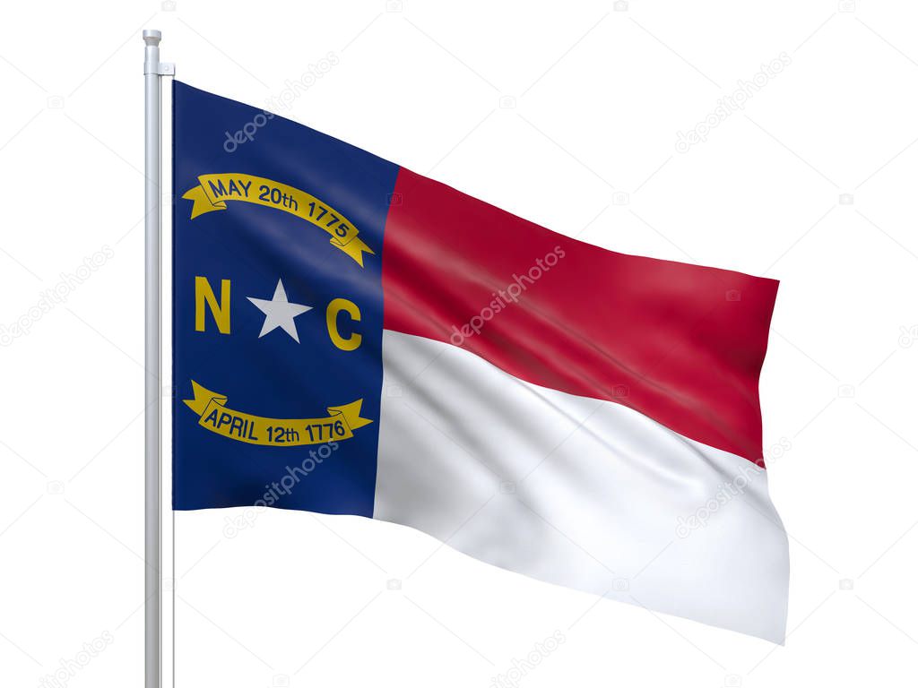 North Carolina (U.S. state) flag waving on white background, close up, isolated. 3D render
