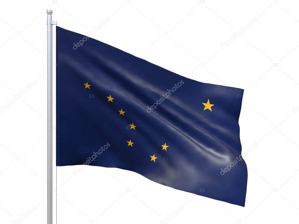 Alaska (U.S. state) flag waving on white background, close up, isolated. 3D render