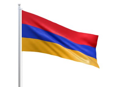 Beyaz arka planda Ermenistan bayrağı sallanıyor, yakın çekim, izole edilmiş. 3d hazırlayıcı