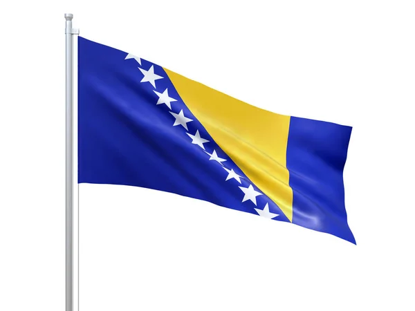 Bósnia e Herzegovina bandeira acenando sobre fundo branco, de perto, isolado. Renderização 3D — Fotografia de Stock