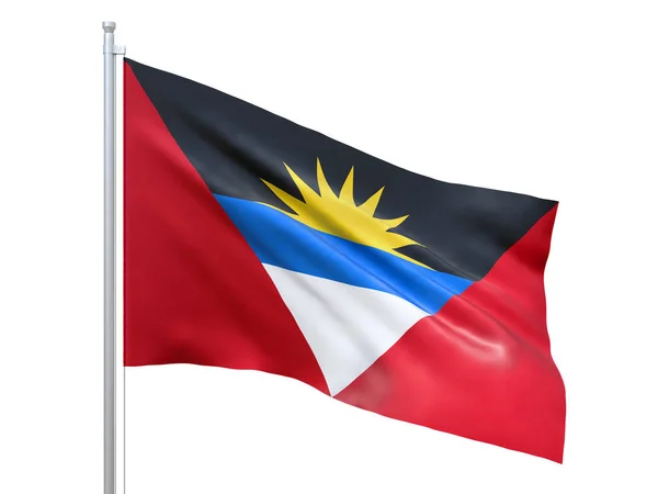 Antigua ve Barbuda bayrağı beyaz arka planda dalgalanıyor. Yaklaş, izole ol. 3d hazırlayıcı