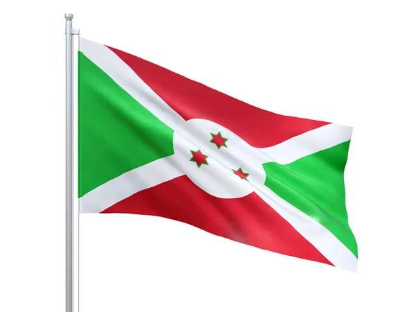 Bandiera del Burundi sventolata su sfondo bianco, da vicino, isolata. Rendering 3D — Foto Stock